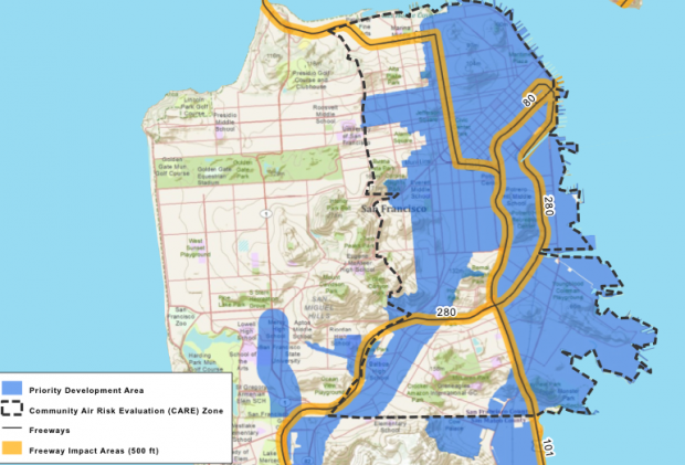 San Francisco map showing 500 foot buffer zone around freeways. (Map: Pacific Institute)