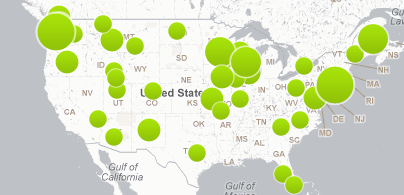 Each green circle shows a whooping cough outbreak. (Map: Council on Foreign Relations)
