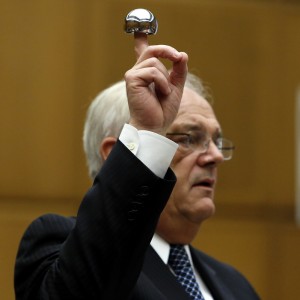 Michael Kelly, attorney for plaintiff Loren Kransky, holds up an ASR XL hip implant made by Johnson & Johnson during his opening statement to the jury at the trial of Kransky v. DePuy, at California Superior Court in Los Angeles, on Friday, Jan. 25, 2013. (Credit: Patrick T. Fallon/Bloomberg)