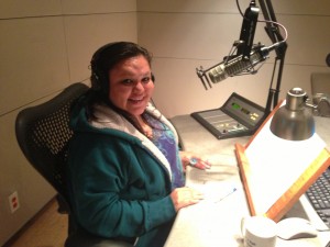 Shiela Jumping-Bull records her commentary in a KQED studio as part of the "What's Your Story?" series.