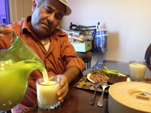 Abel Corona having dinner in his Watsonville home. He is more careful about his diet since he was diagnosed with diabetes. (Vinnie Tong/KQED)