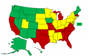 Map of state practice environment for nurse practitioners. California has some of the most restrictive policies. (Map: American Association of Nurse Practitioners)