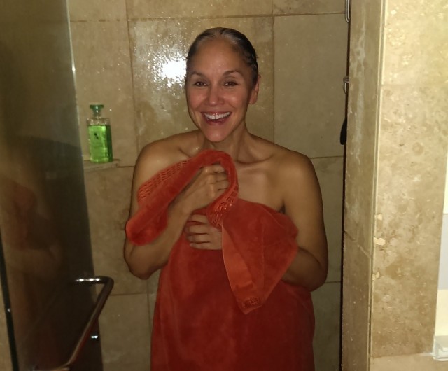 A clean and happy Doniece Sandoval after completing her "No Shower Challenge." (Photo: Sadik Huseny)