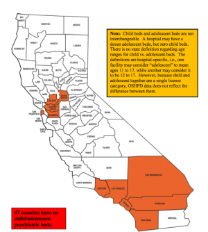 In California, 47 of 58 counties have no child or adolescent inpatient psychiatric hospital beds. This map was created by the California Hospital Association using 2011 state data.