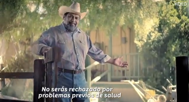 Screenshot from an early Covered California TV ad targeting Latinos. The on-screen text says people cannot be turned down for pre-existing conditions, but consultants say that is not a key selling point for Latinos.