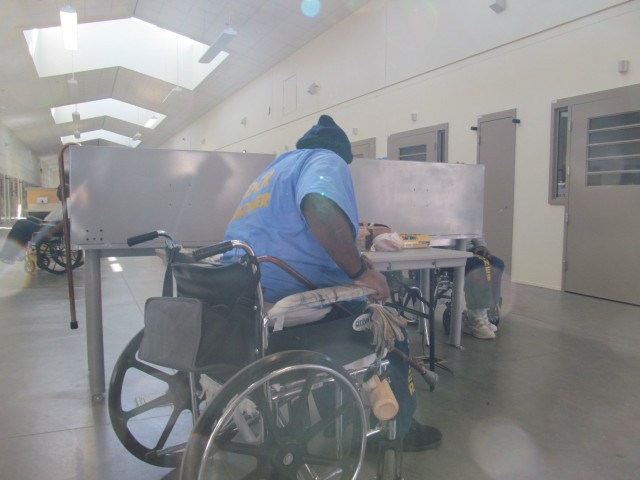 The single-story housing units at the California Health Care Facility in Stockton provide wheelchair access, around-the-clock care for inmates. (Julie Small/KQED)