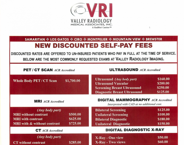 Excerpt of flyer of self-pay prices from Valley Radiology Imaging. 
