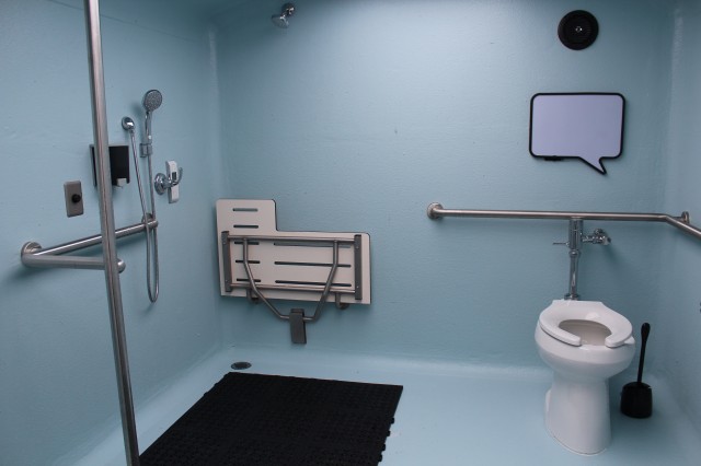 The bus is equipped with two shower suites. This one is accessible for the disabled. (Lynne Shallcross/KQED)