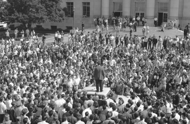 Mario Savio stands on top of police car in front of Sproul Hall on Oct 1. 1964. (Courtesy of UC Berkeley, The Bancroft Library).