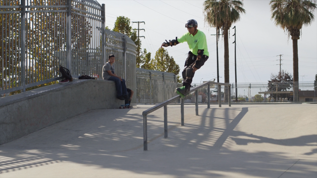 Frank Hernandez, 72, slides down a rail at a skatepark in Delano, CA.
