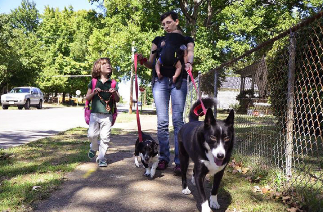 Juniper Russo walks her dogs with her daughter Vivian (left). (Courtesy of Juniper Russo)
