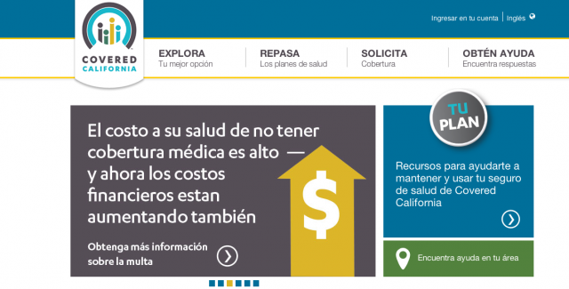 Screenshot from the Spanish language website for Covered California.