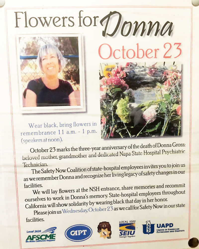 A poster in the union hall at Napa State Hospital invites workers to a memorial service for their murdered co-worker Donna Gross.