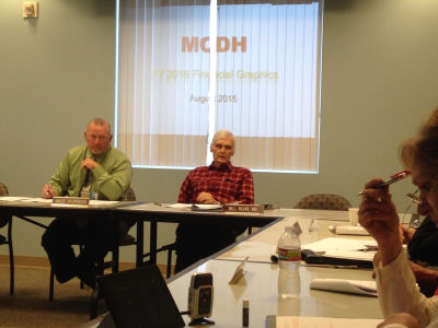 Mendocino Coast District Hospital CFO Wade Sturgeon (L) and board member Bill Rohr at a recent hospital board meeting.