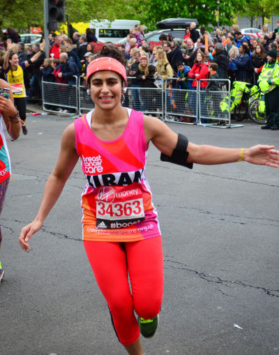 Kiran Gandhi didn't use feminine hygiene products while running the London Marathon, and finished the race with a stain on her leggings -- part of her efforts to fight the stigma surrounding menstruation