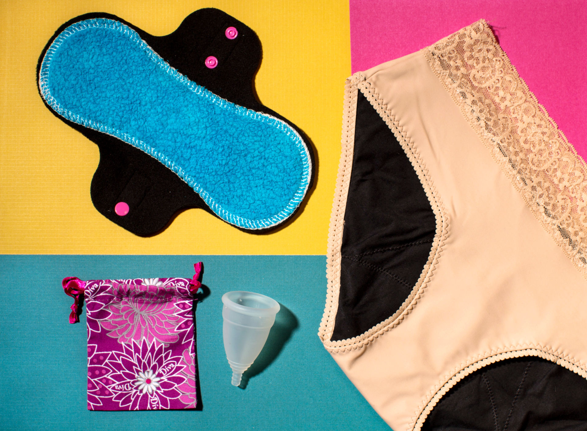 New products include a reusable pad made of fleece, a pair of THINX underwear and a DivaCup with carrying case.
