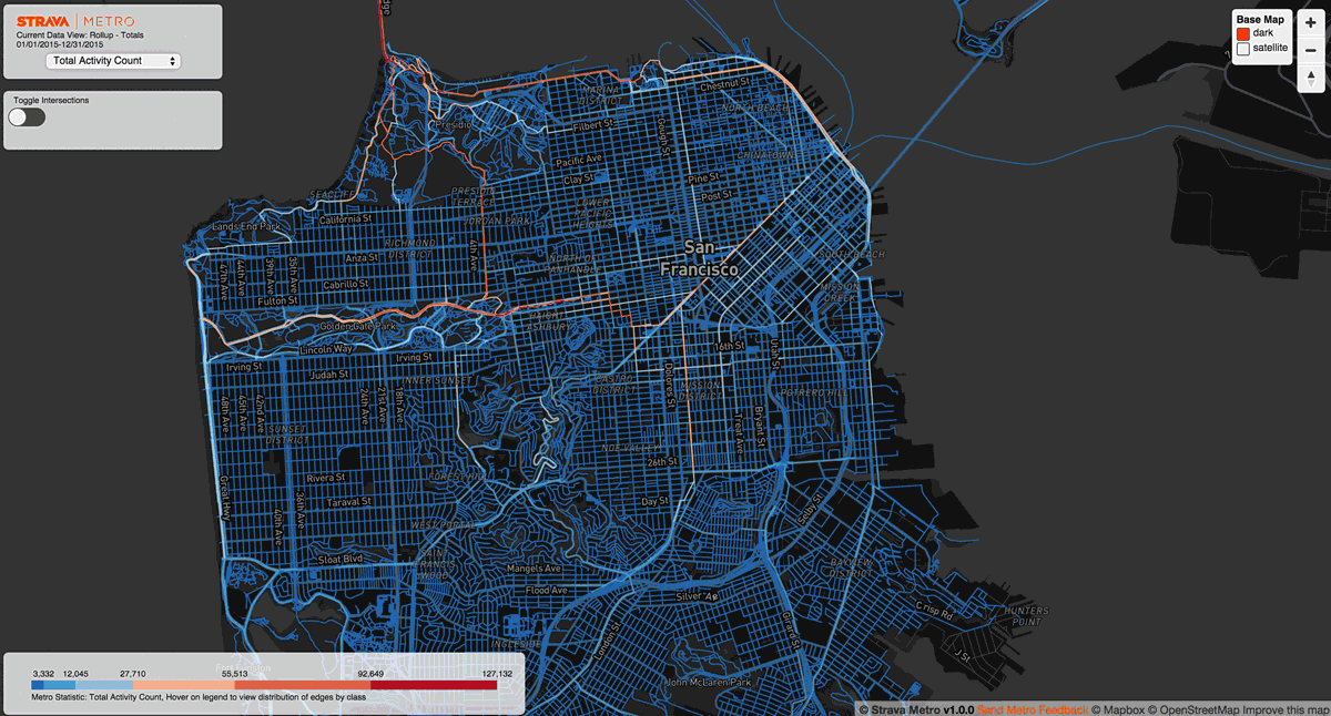 A screenshot from Strava Metro, showcasing street-by-street visualizations of biking and commuting data.