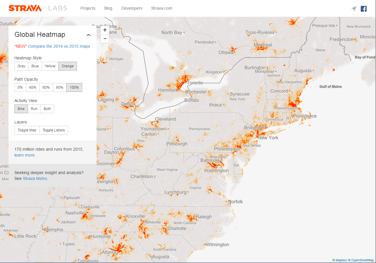 A screenshot from the Strava Labs website shows the visualization of biking activity data around the world. The Strava Global Heatmap is free of charge for advocacy organizations and the general public to access online.