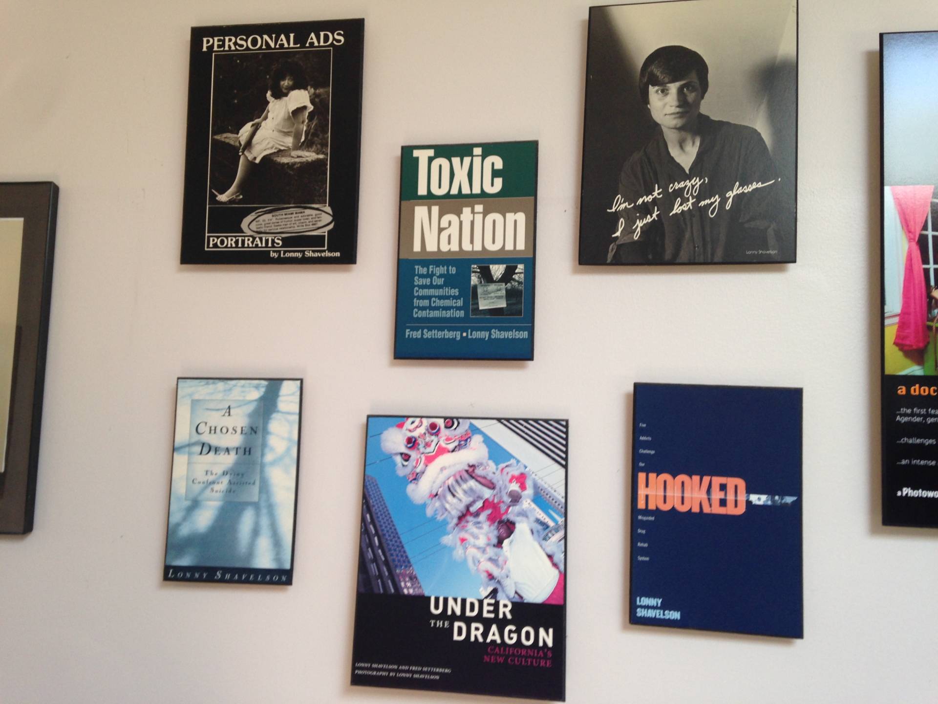 The wall of Lonny Shavelson's office, lined with covers of the books he has written. 