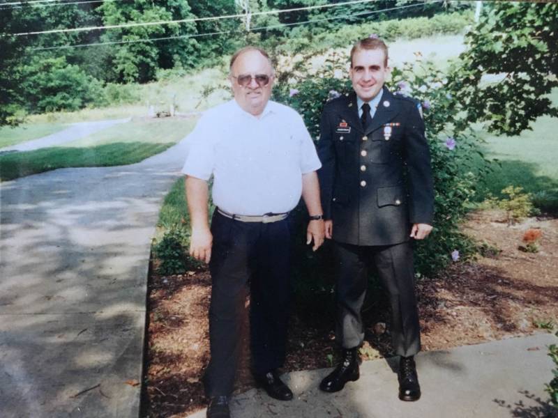Jay Zimmerman (right) was an army medic. He poses with his dad before he deployed to Bosnia in 1998.