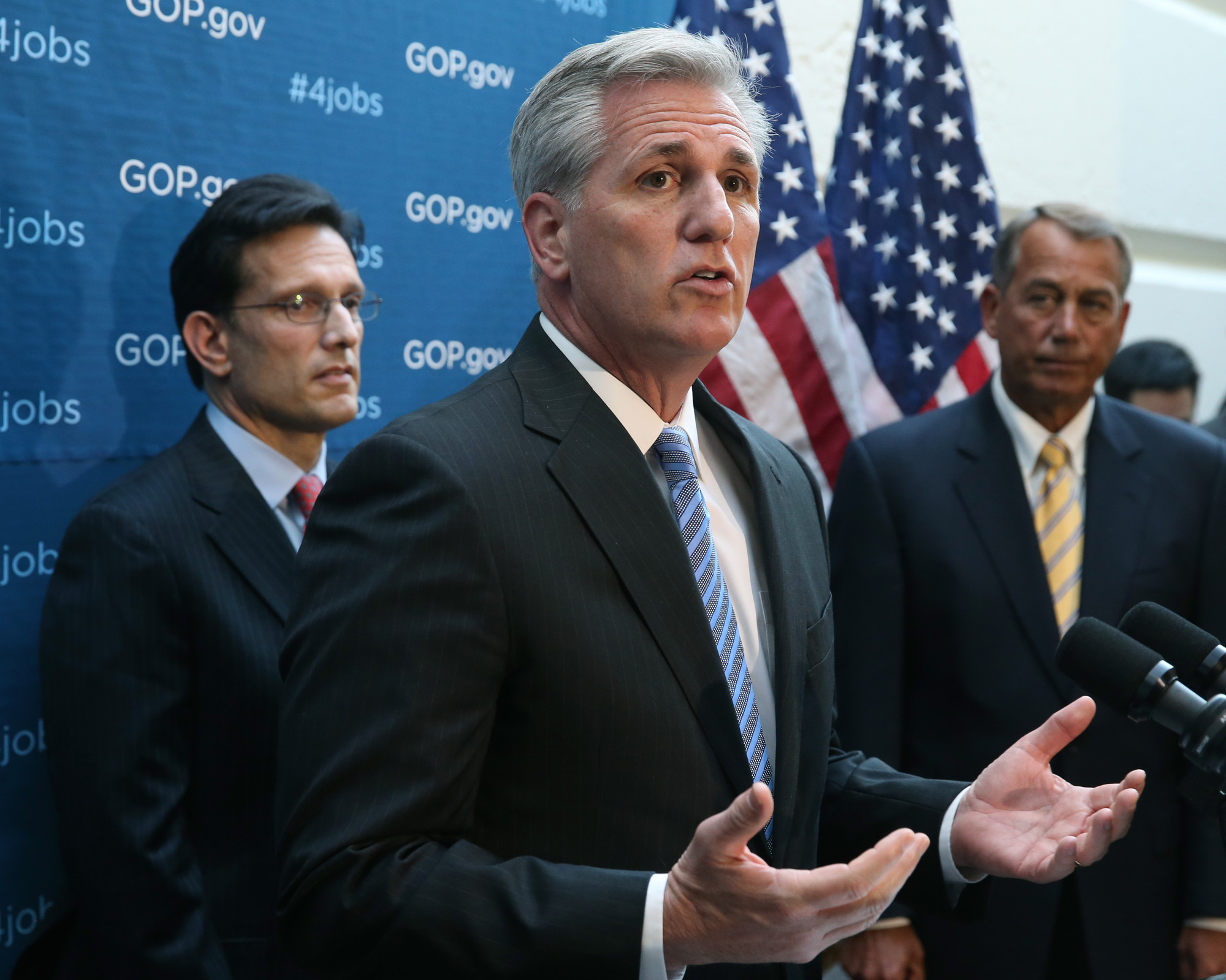 Kevin McCarthy speaks to the media while flanked by Eric Cantor and John Boehner at the U.S. Capitol in January. (Mark Wilson/Getty Images)