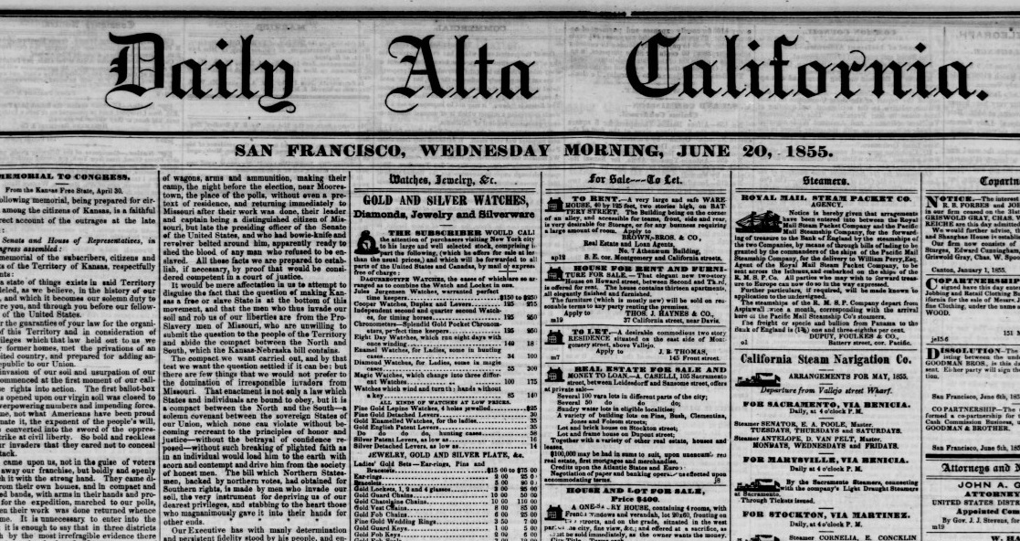 Front page of San Francisco's Daily Alta California, June 20, 1855.  California Digital Newspaper Collection