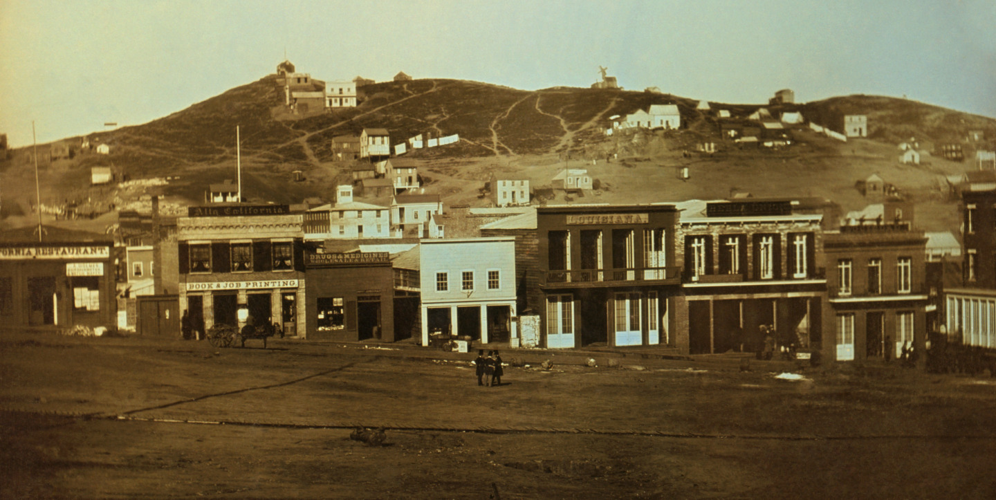 San Francisco's Portsmouth Square, also known as the Plaza, as seen in 1851. The view is to the west, toward what was later dubbed Nob Hill. The image, a daguerrotype, was credited to a dentist named S.C. McIntyre. (Image via Wikimedia Commons and Library of Congress)