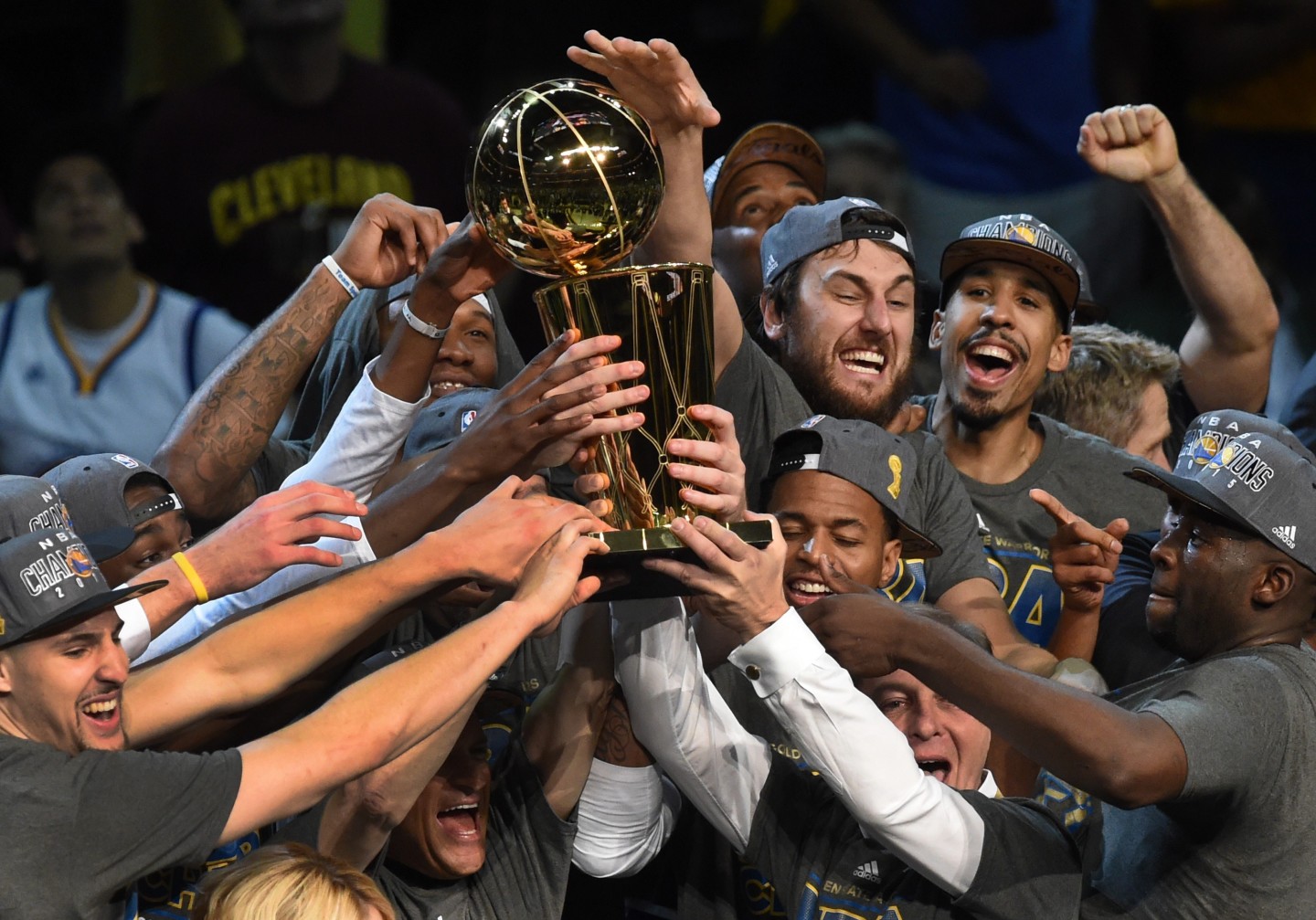 The Golden State Warriors celebrate winning the 2015 NBA Finals on June 16, 2015 at the Quicken Loans Arena in Cleveland, Ohio.   (Timothy A. Clary/AFP/Getty)