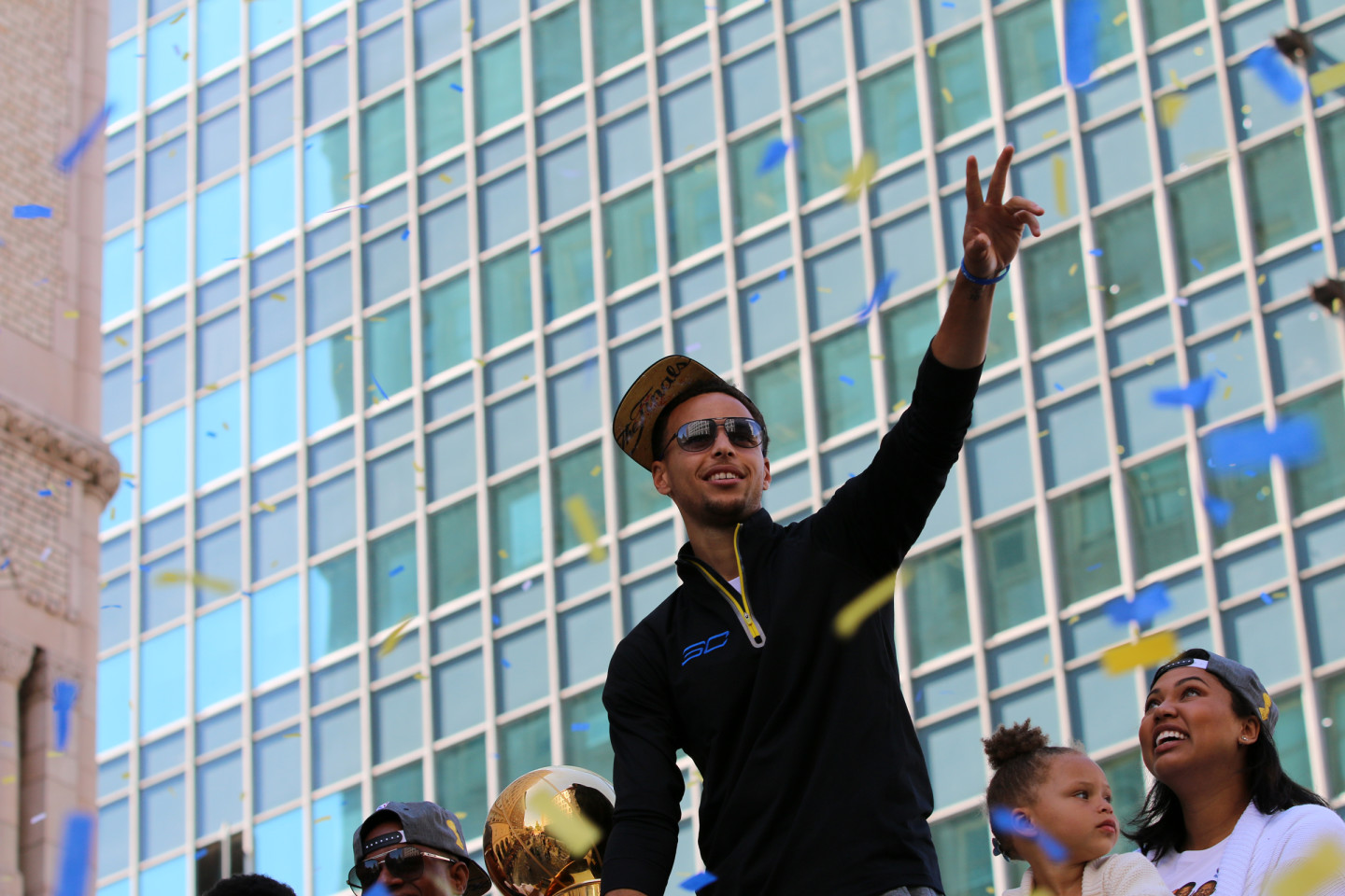 Stephen Curry celebrates during the Warriors championship parade Friday. (Adam Grossberg/KQED)