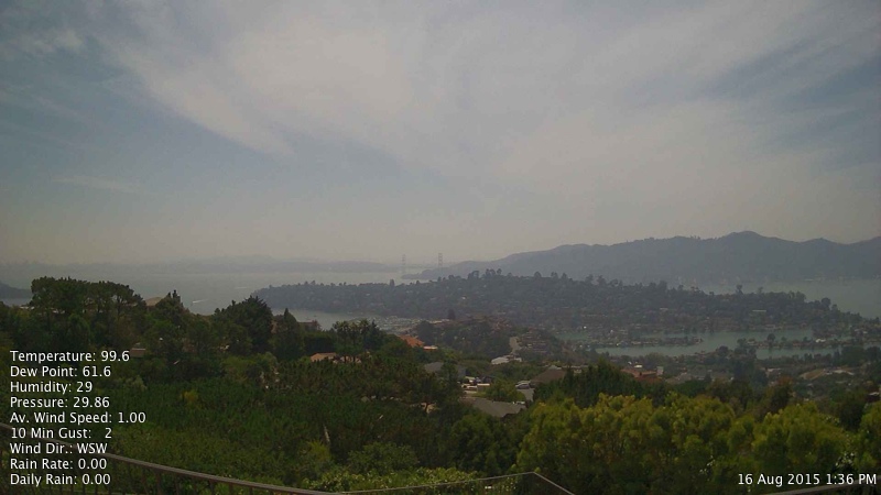A Sunday afternoon image from a web cam in Tiburon showing smoke that's drifted south over the Bay Area from fires burning in Northern California.  <a href="http://www.rntl.net/mttamcam.htm">Mount Tam Cam</a>