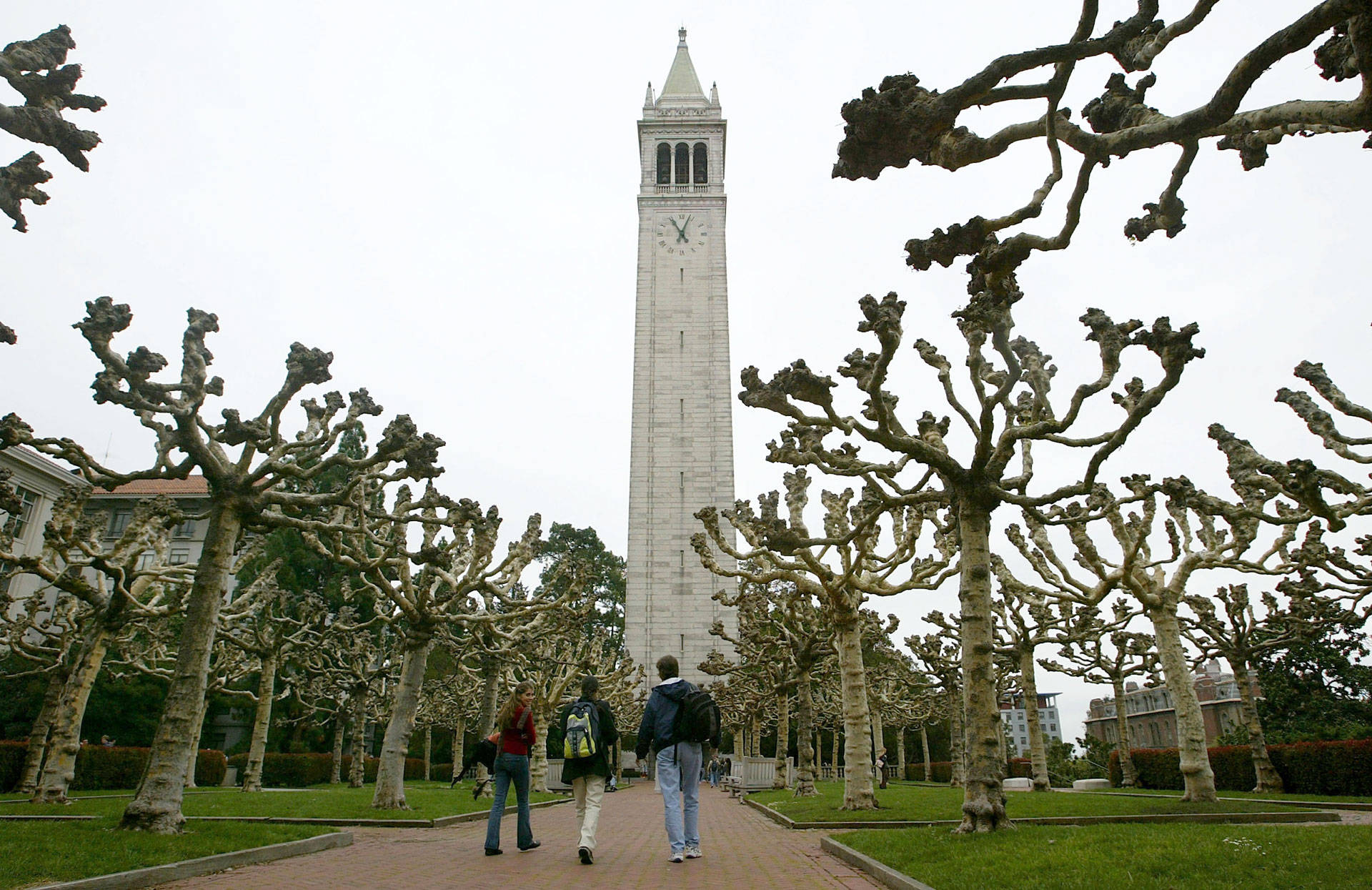 Students walk near Sather Tower on the UC Berkeley campus.  Justin Sullivan/Getty Images