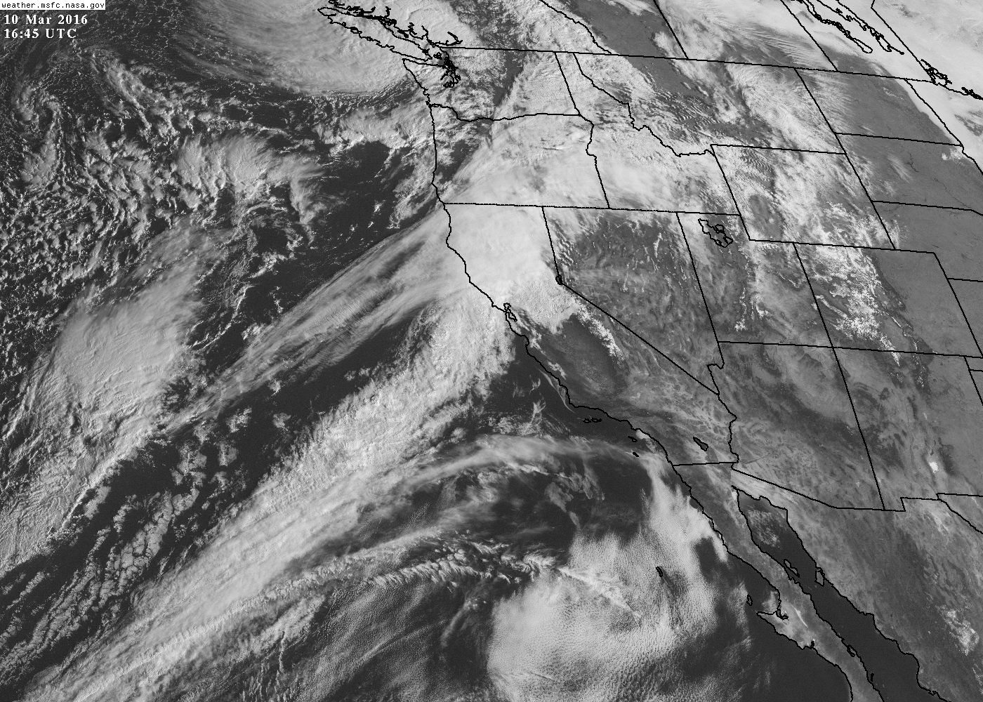 An image from NOAA's GOES West satellite showing the atmospheric river feeding Thursday' s heavy rain over the northern part of the Bay Area.  NOAA