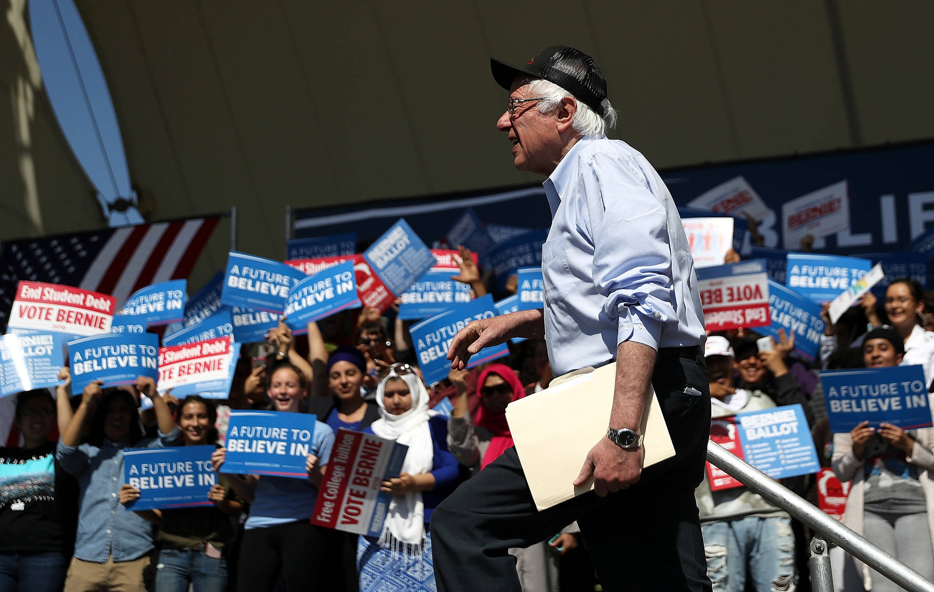 Sen. Bernie Sanders arrives to speak at a campaign rally on May 10, 2016, in Stockton. Justin Sullivan/Getty Images
