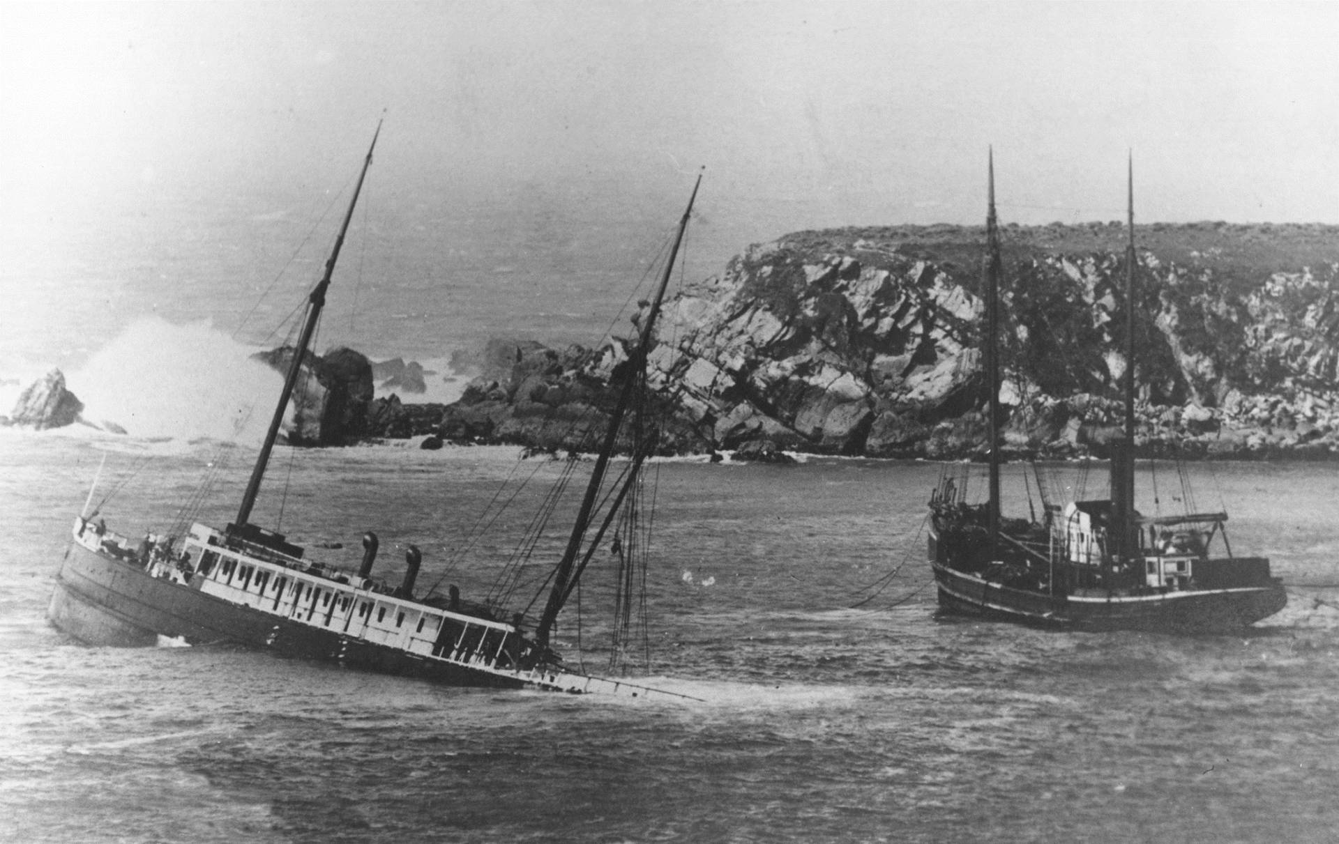 The 225-foot long steel-hulled coastal steamship Pomona sinks off Fort Ross cove on March 17, 1908 after hitting a submerged pinnacle.  Fort Ross Conservancy