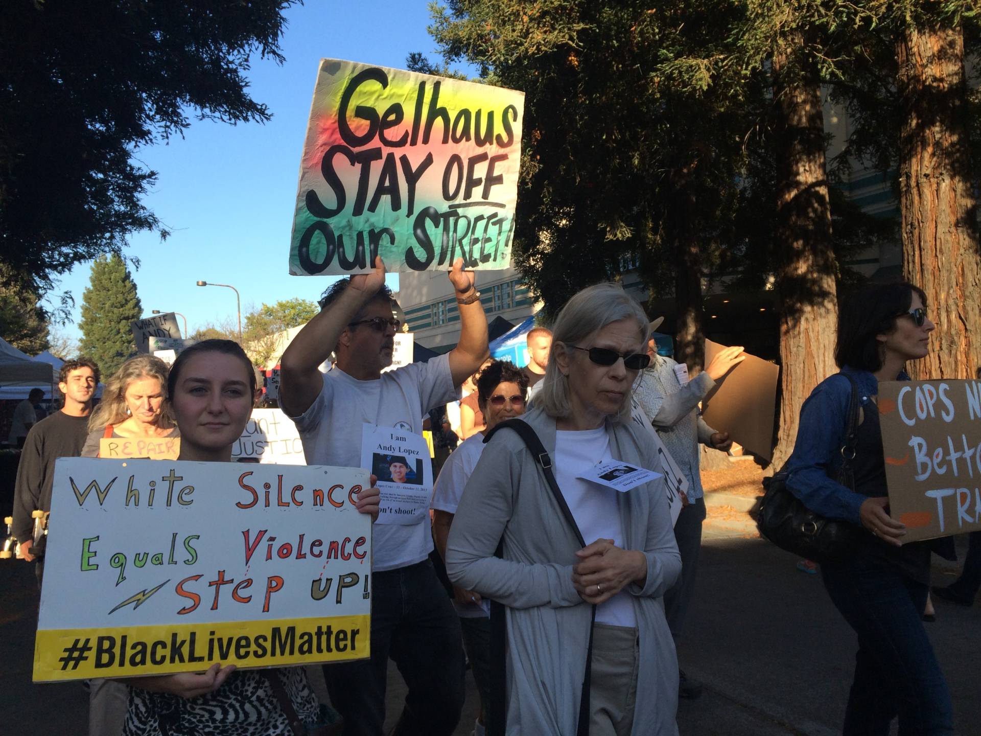 Protesters gather in downtown Santa Rosa on August 10, 2016, just days after news broke that Sonoma County sheriff's deputy Erick Gelhaus had been promoted to sergeant.  Farida Jhabvala Romero/KQED