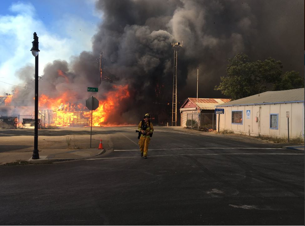 The scene in the Lake County town of Lower Lake as the Clayton Fire devoured a residential area  and part of the business district. <a href="https://twitter.com/CBSSF/status/764985456622731265" target="_blank">KPIX/CBS5 via Twitter</a>