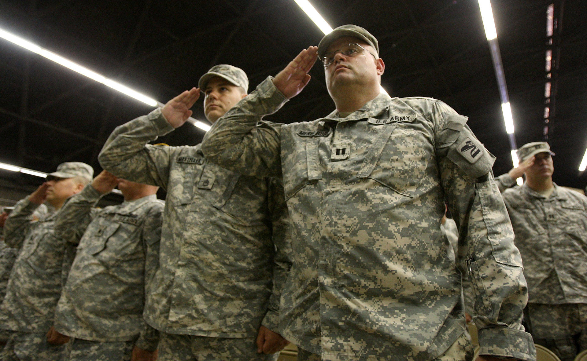Soldiers attend a farewell ceremony for about 850 California National Guardsmen from the 1st Battalion on Aug. 22, 2008, in San Bernardino. The soldiers were on their way to a yearlong deployment to Iraq. David McNew/Getty Images