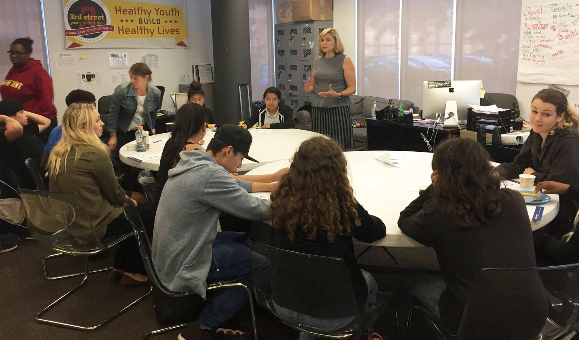 Lisa Thurau of nonprofit Strategies for Youth leads a workshop about juvenile justice at the 3rd Street Youth Center & Clinic in San Francisco's Bayview neighborhood.  Laura Klivans/KQED