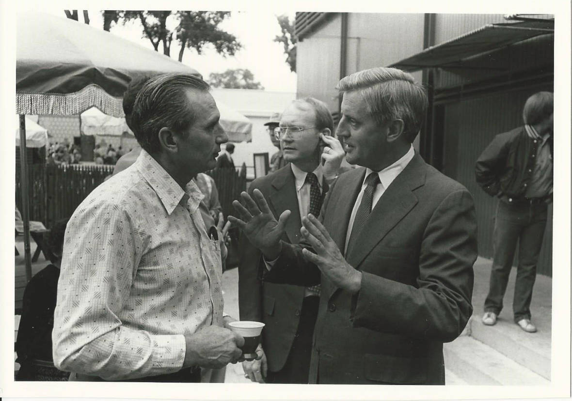 Boe Martin (center, in back with the earpiece), on the campaign trail with Walter Mondale.  Courtesy of Stephanie Martin Taylor