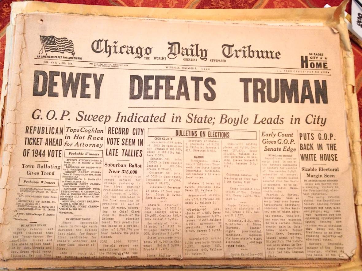 An early edition of the Chicago Tribune for Wednesday, Nov. 3, 1948, carrying the legendary (and incorrect) headline 'Dewey Defeats Truman.' Dan Brekke/KQED