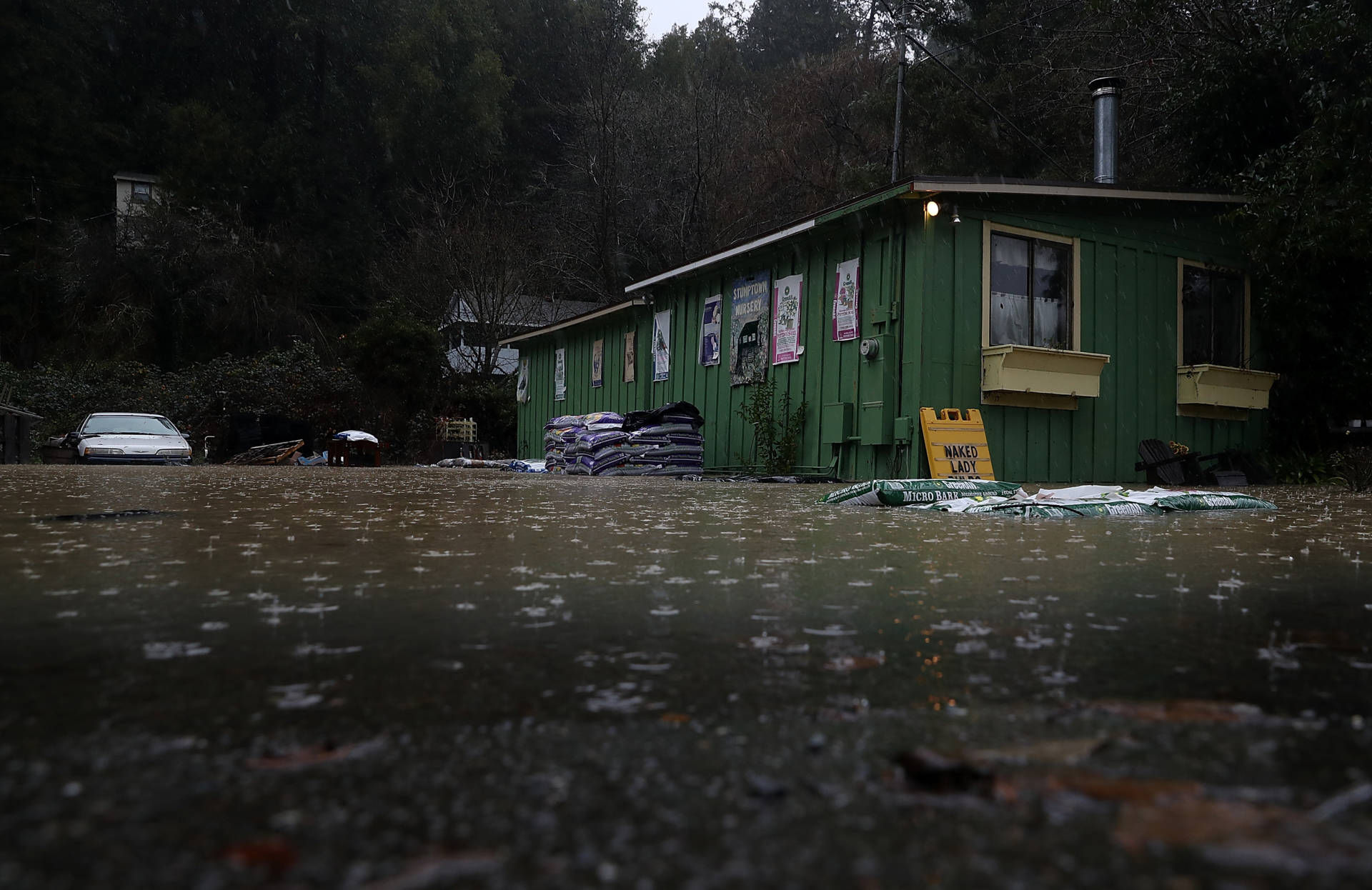Floodwaters surround a nursery on Tuesday in Guerneville as the Russian River continues to run above flood stage.  Justin Sullivan/Getty Images
