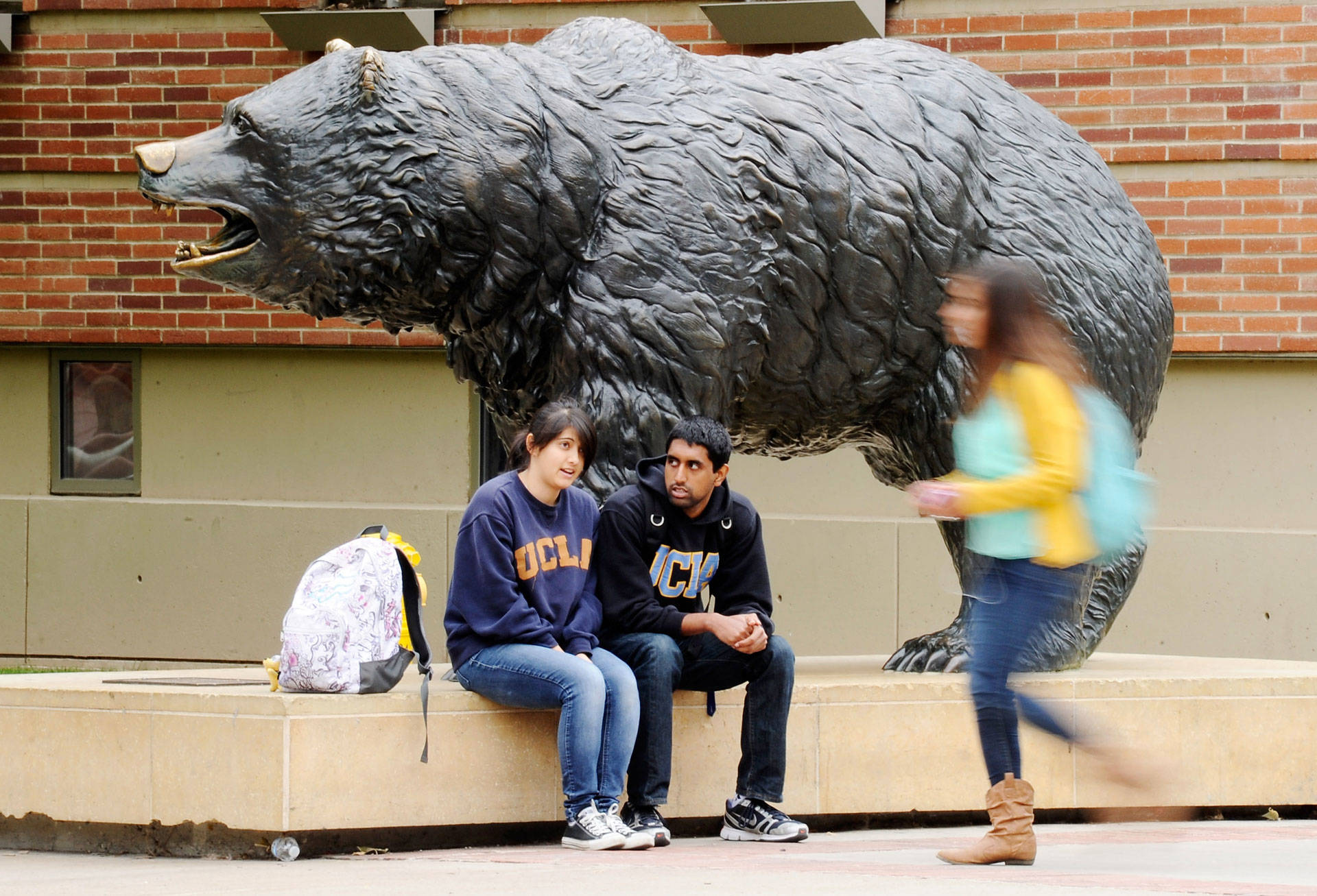 Students sit around the Bruin Bear statue during lunchtime on the UCLA campus. Kevork Djansezian/Getty Images