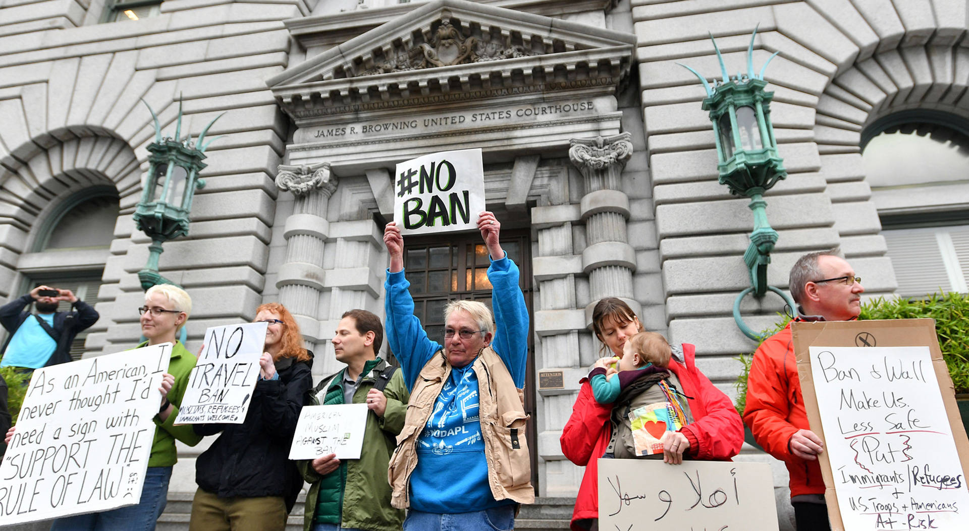 Protesters demonstrate in front of the U.S. 9th Circuit Court of Appeals in San Francisco on Feb. 7, 2017. Josh Edelson/AFP/Getty Images