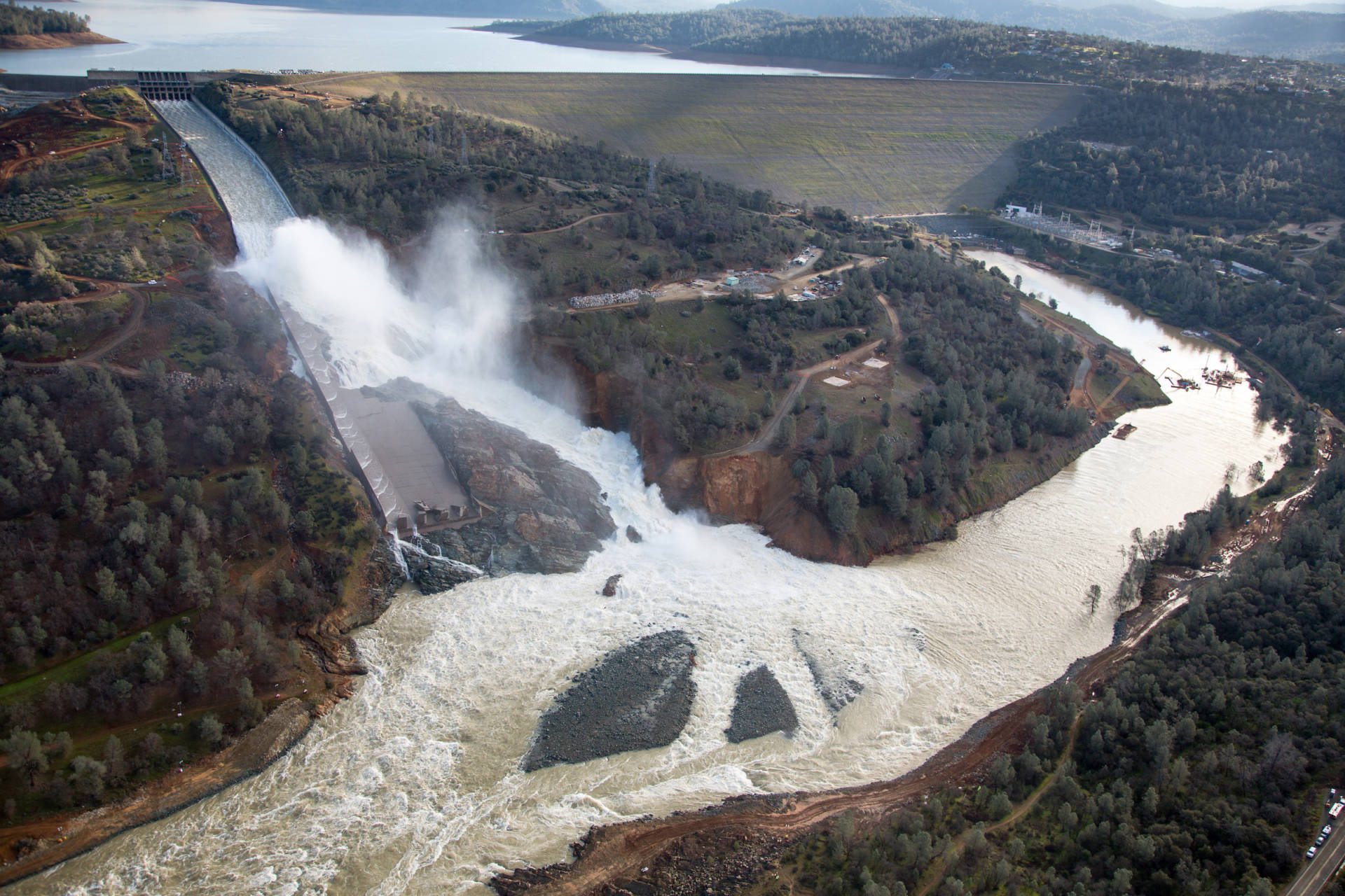 An aerial view of the damaged Oroville Dam spillway, Feb. 27, 2017.  Dale Kolke / California Department of Water Resources