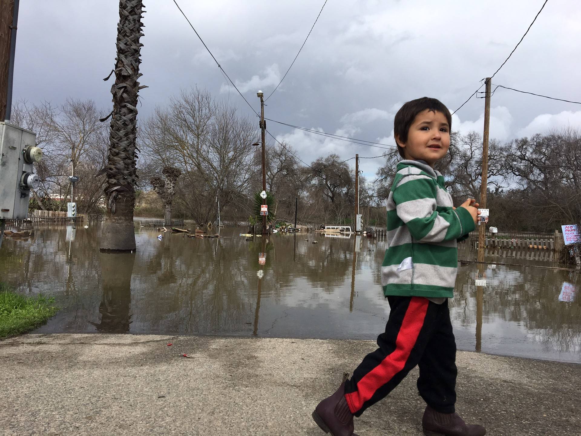 A child walks alongside the flooded Terrace Trailer Park in Modesto on Feb. 21, 2017. Vanessa Rancaño/KQED