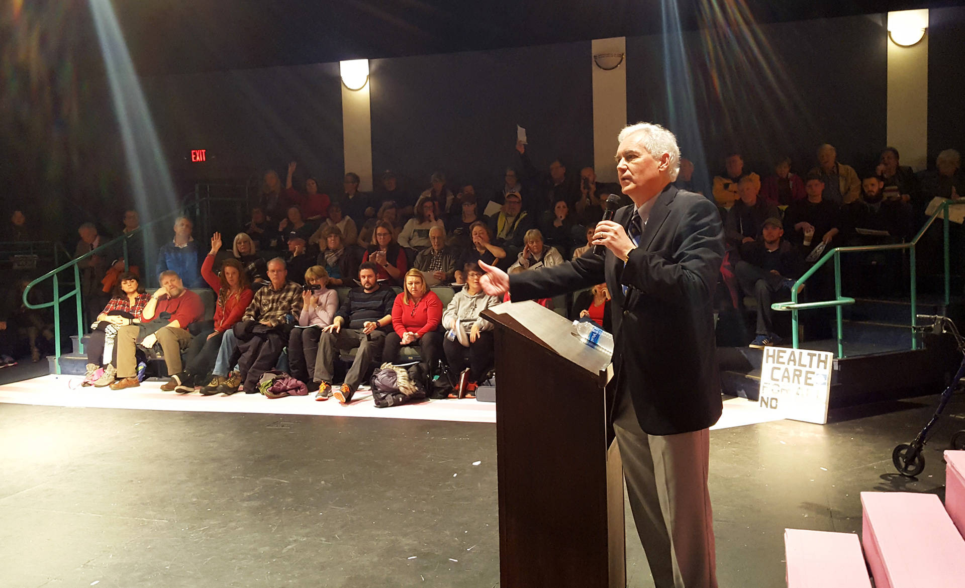 Rep. Tom McClintock (R) speaks at a packed town hall meeting in Roseville on Saturday. Feb. 4, 2016. Katie Orr/KQED