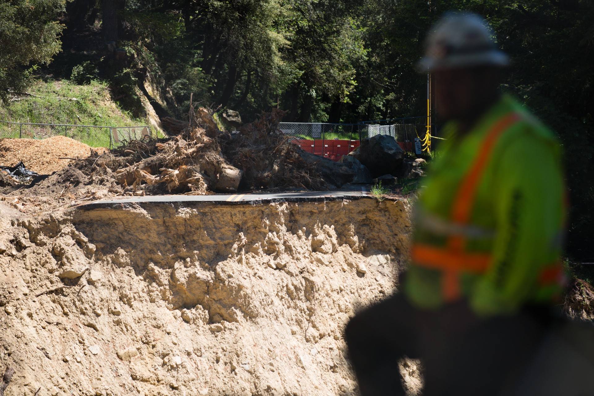 A section of Highway 35 in the Santa Cruz Mountains collapsed in mid-February during one of the wettest years on record. This section will be the most expensive single repair project resulting from the winter's storms. Photographed on May 3, 2017.
 Bert Johnson/KQED