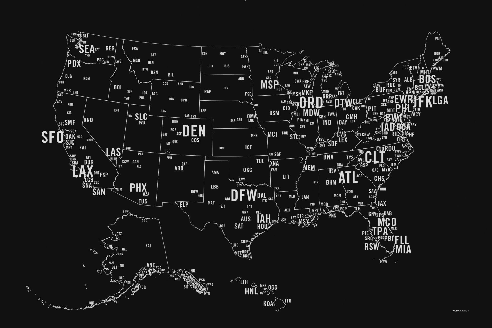 Nearly 400 airport codes from around the United States. Text size is based on their number of enplanements.  Designed by <a href="https://shop.nomodesign.com/collections/airport-runway-series/products/us-primary-airport-code-map-screen-print" target="_blank">NOMO</a>