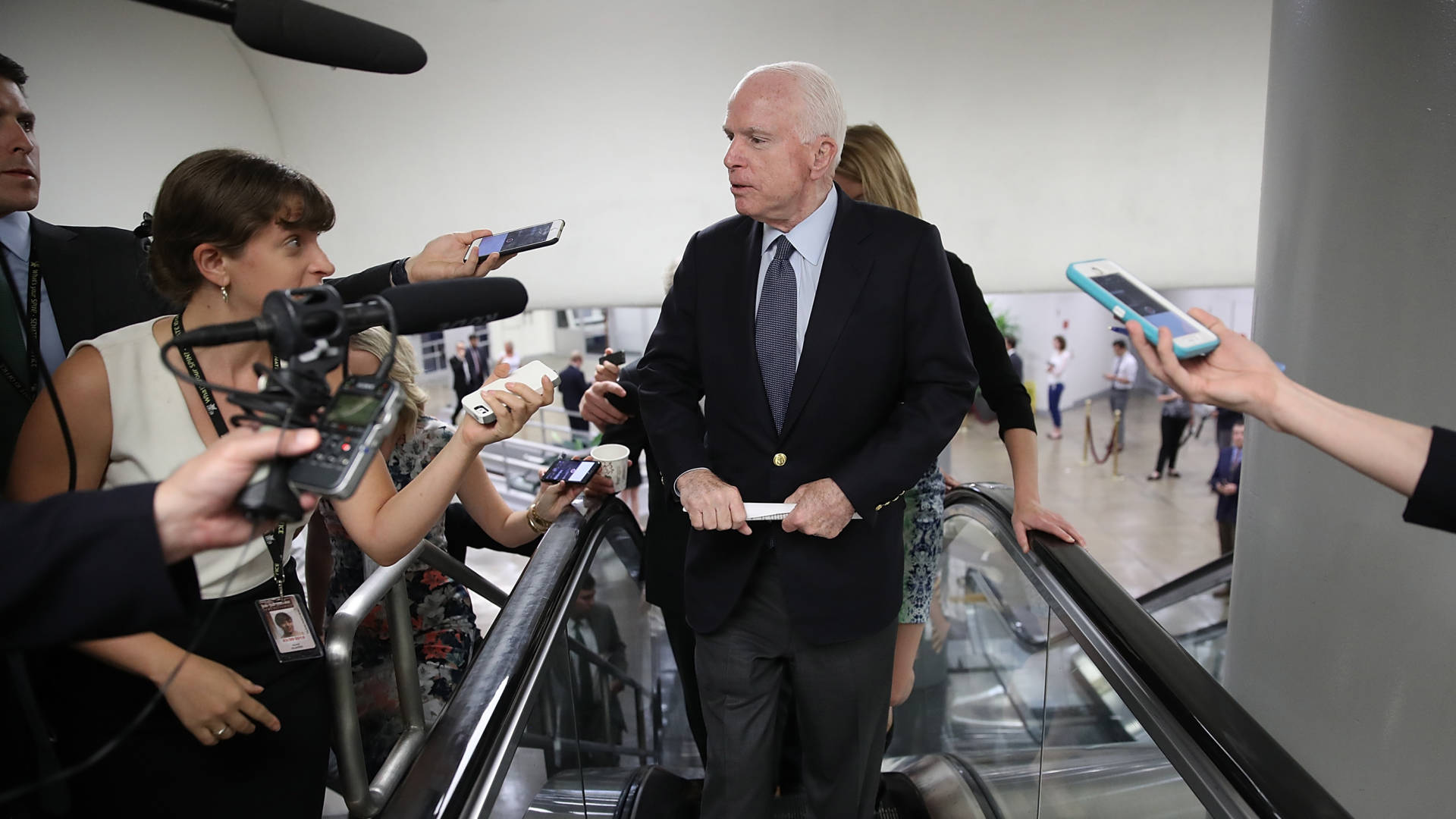 Sen. John McCain, R-Ariz., answers questions from reporters on Capitol Hill earlier this month. He makes his return to the Senate on Tuesday, July 25, 2017, for the first time since being diagnosed with brain cancer. Win McNamee/Getty Images