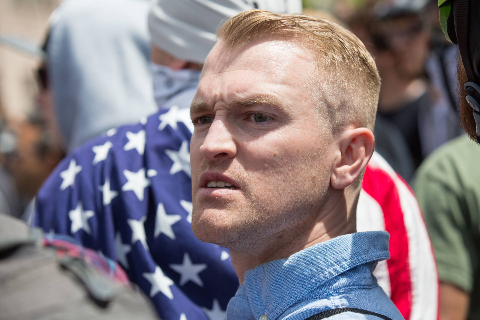 Nathan Damigo, the founder of white nationalist group Identity Evropa, at a right-wing rally in Berkeley on April 15, 2017. He helped organize the white supremacist rally in Charlottesville, Virginia, where one counterprotester was killed on Saturday. Bert Johnson/KQED